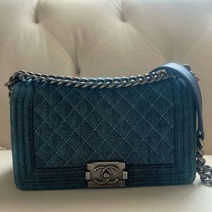 CHANEL Blue Denim Boy Flap Bag Meduim size